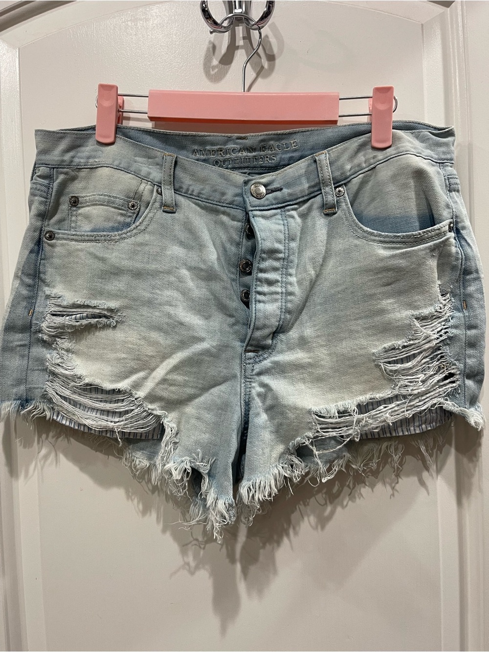 American Eagle Outfitters Light Blue Distressed High-Rise Jean Shorts